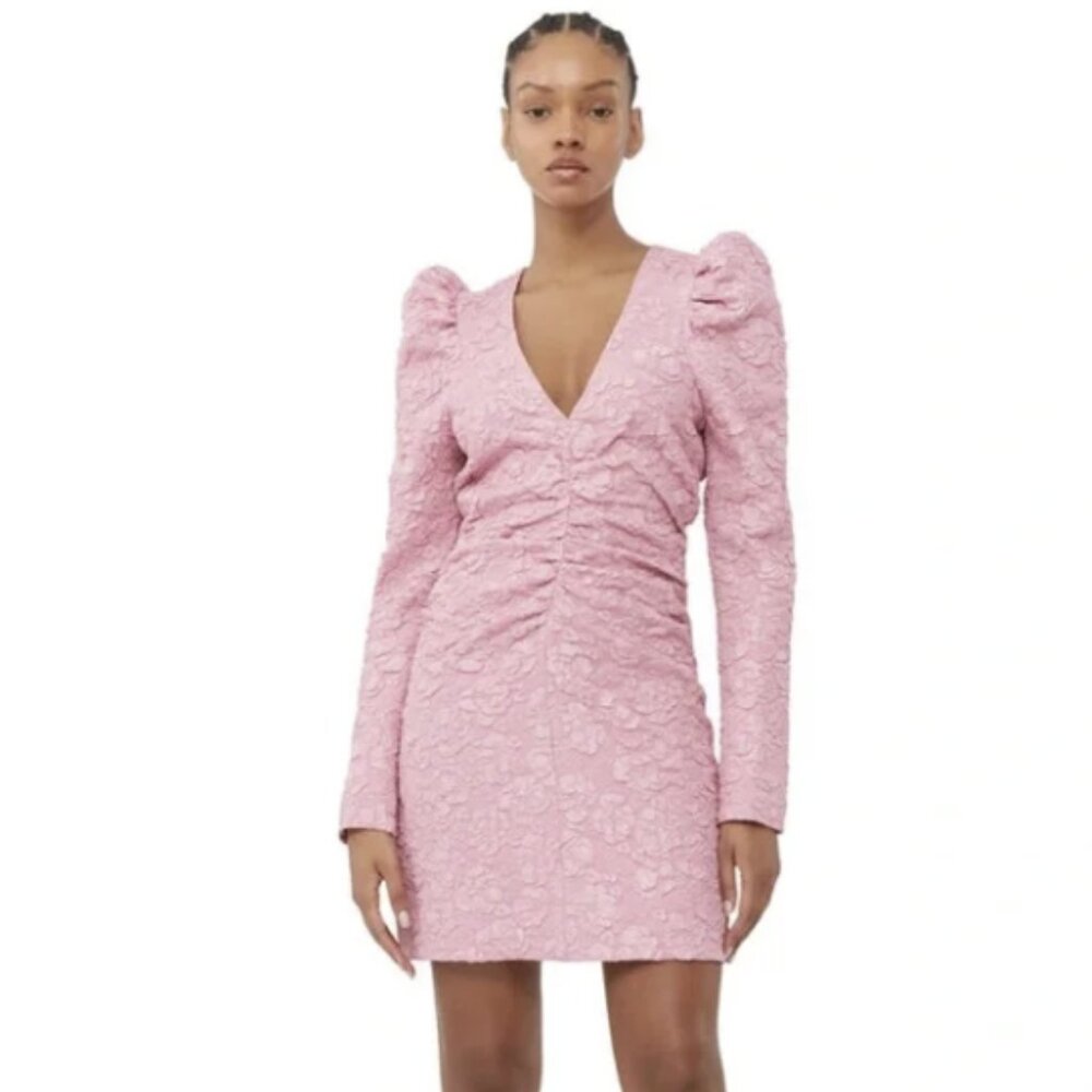 GANNI Pink Floral Jacquard Tonal Long Sleeve Romantic Barbiecore Mini Dress NWT